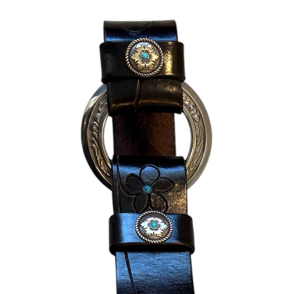 Vtg Al Stohlman Brand Black Leather Belt Floral Tooled Silver Western Cowgirl - Picture 2 of 11